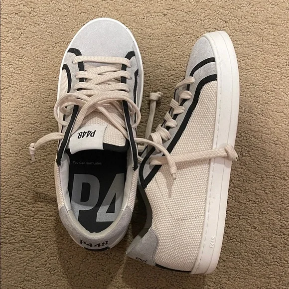 P448 Women’s Beige Canvas Low-Top Sneakers with Black Trim - Picture 1 of 1